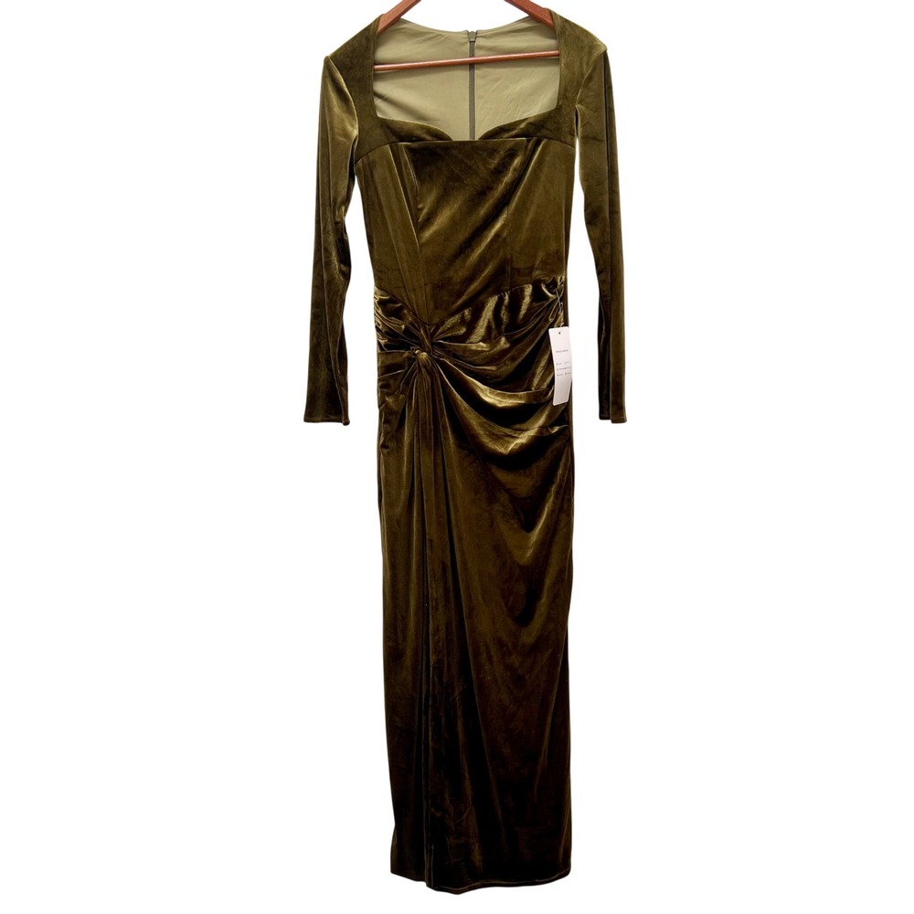 Olive Green Velvet Ruched Square Neck Long Sleeve Maxi Dress Medium NWT